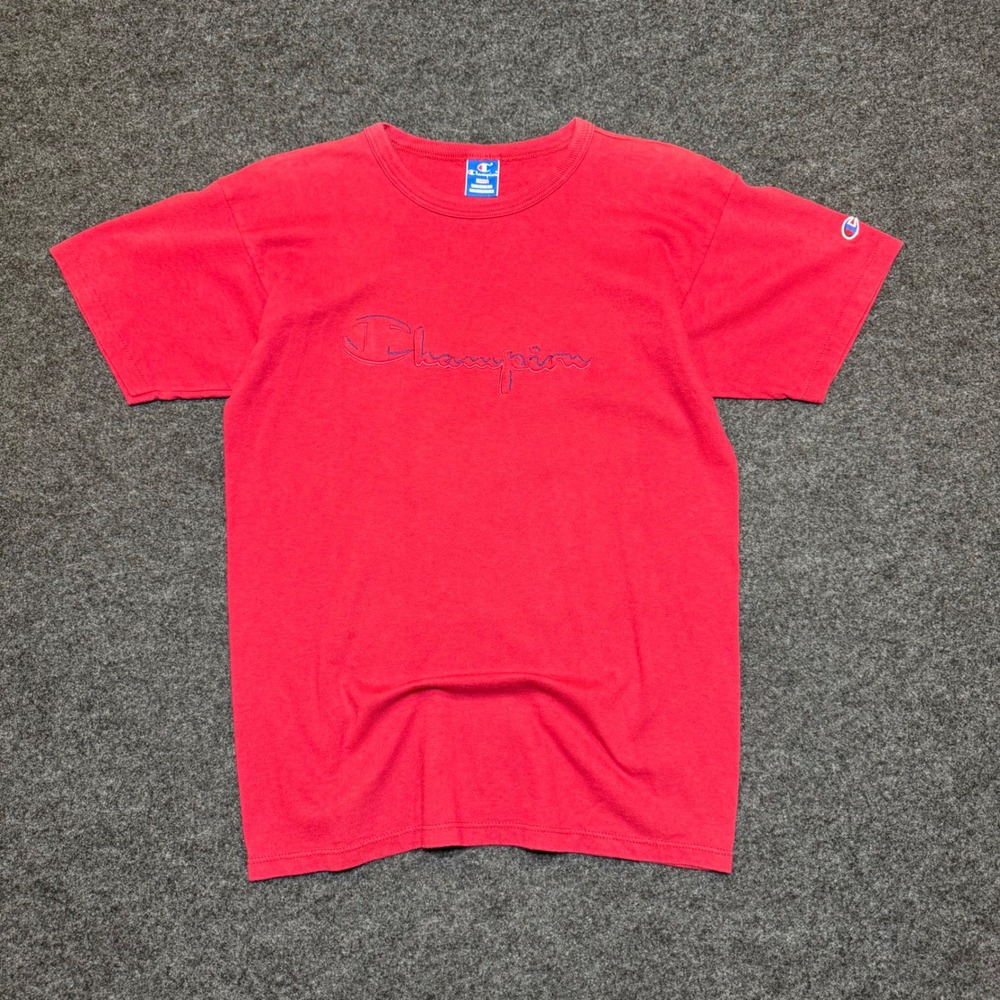 Vintage Champion T Shirt Red Embroidered Script Logo Made in USA Mens Large